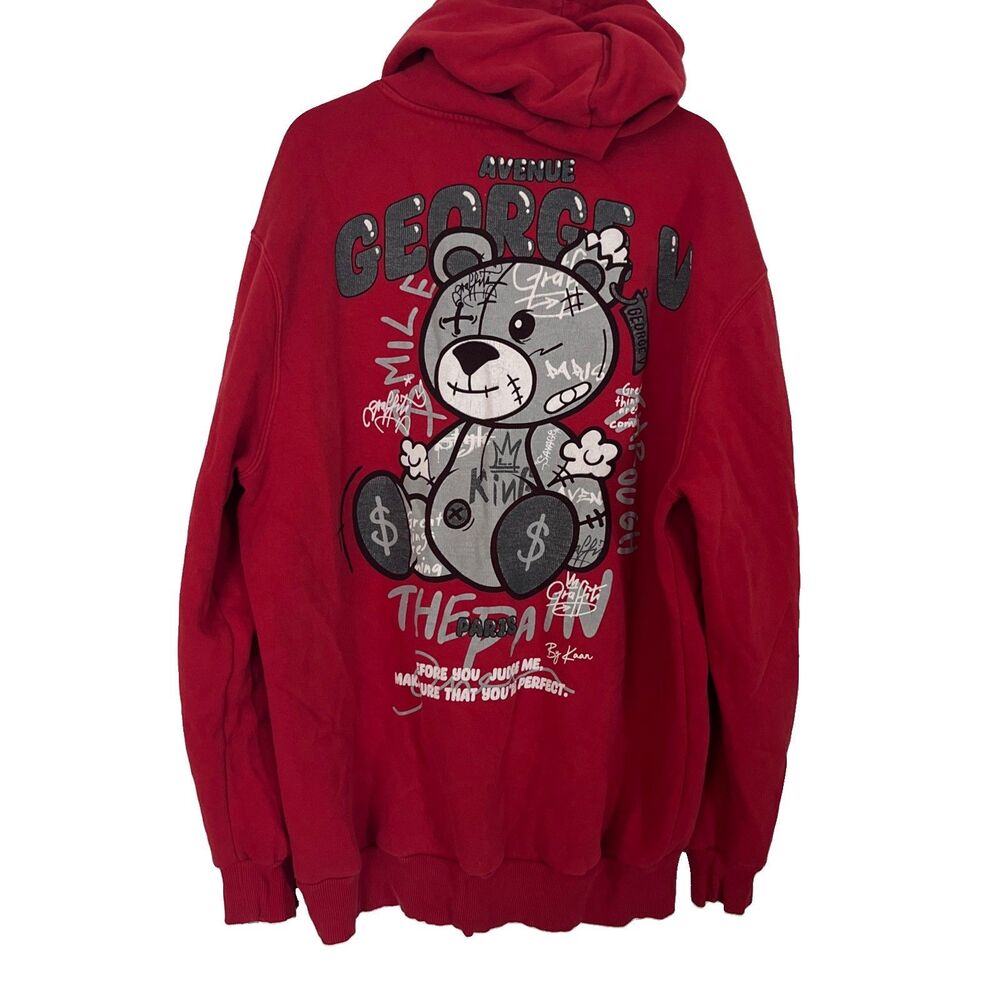 Avenue George V Paris Red Hoodie Bear The Pain King Graffiti XXL